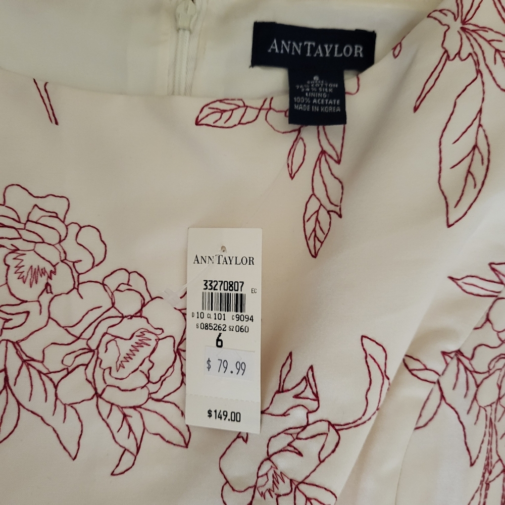 Ann Taylor dress Womens 6 Cream Red Stitched Flowers Sleeveless - Picture 3 of 16